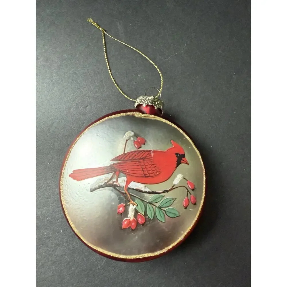 Vintage Hand Blown Glass Ornament Hand Painted Cardinal Winter Christmas Bauble